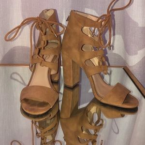 Jessica Simpson Strappy Camel Suede Heels 4”